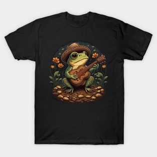 Cottagecore aesthetic cute frog playing ukelele on Mushroom T-Shirt